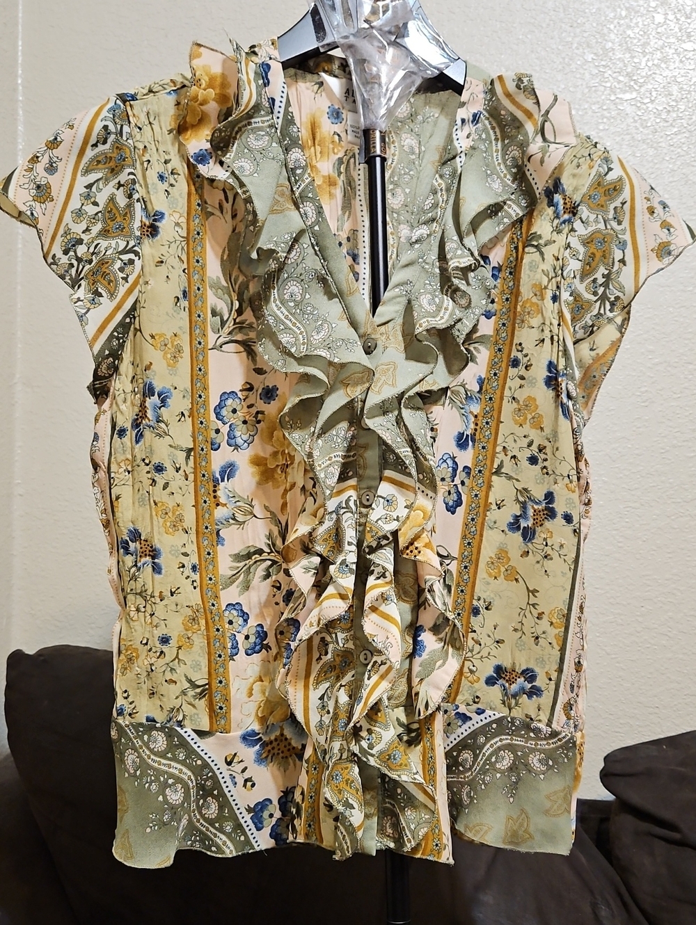 Allison Taylor Floral Ruffle V-Neck Blouse in Sage, Yellow and Blue